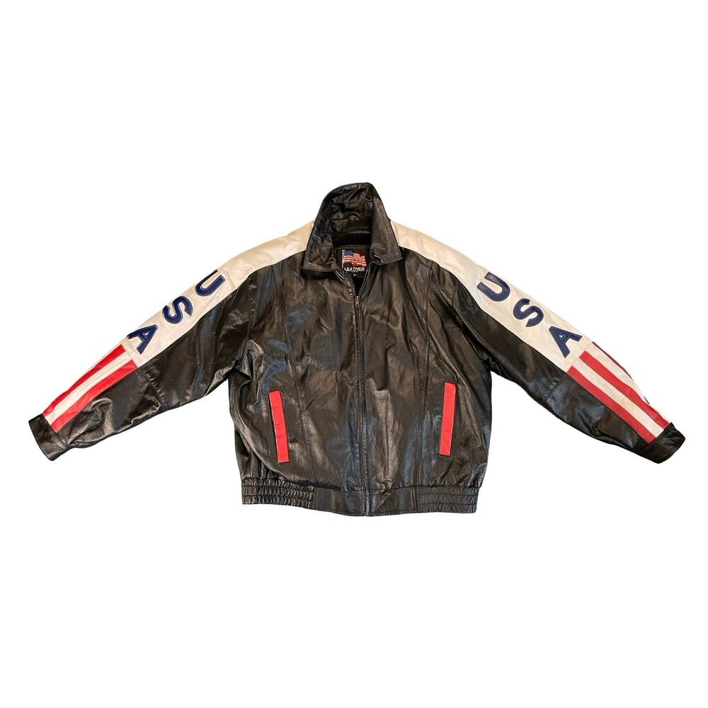 Vintage Leather USA Leather Jacket American Flag Black Red White Blue Size XL